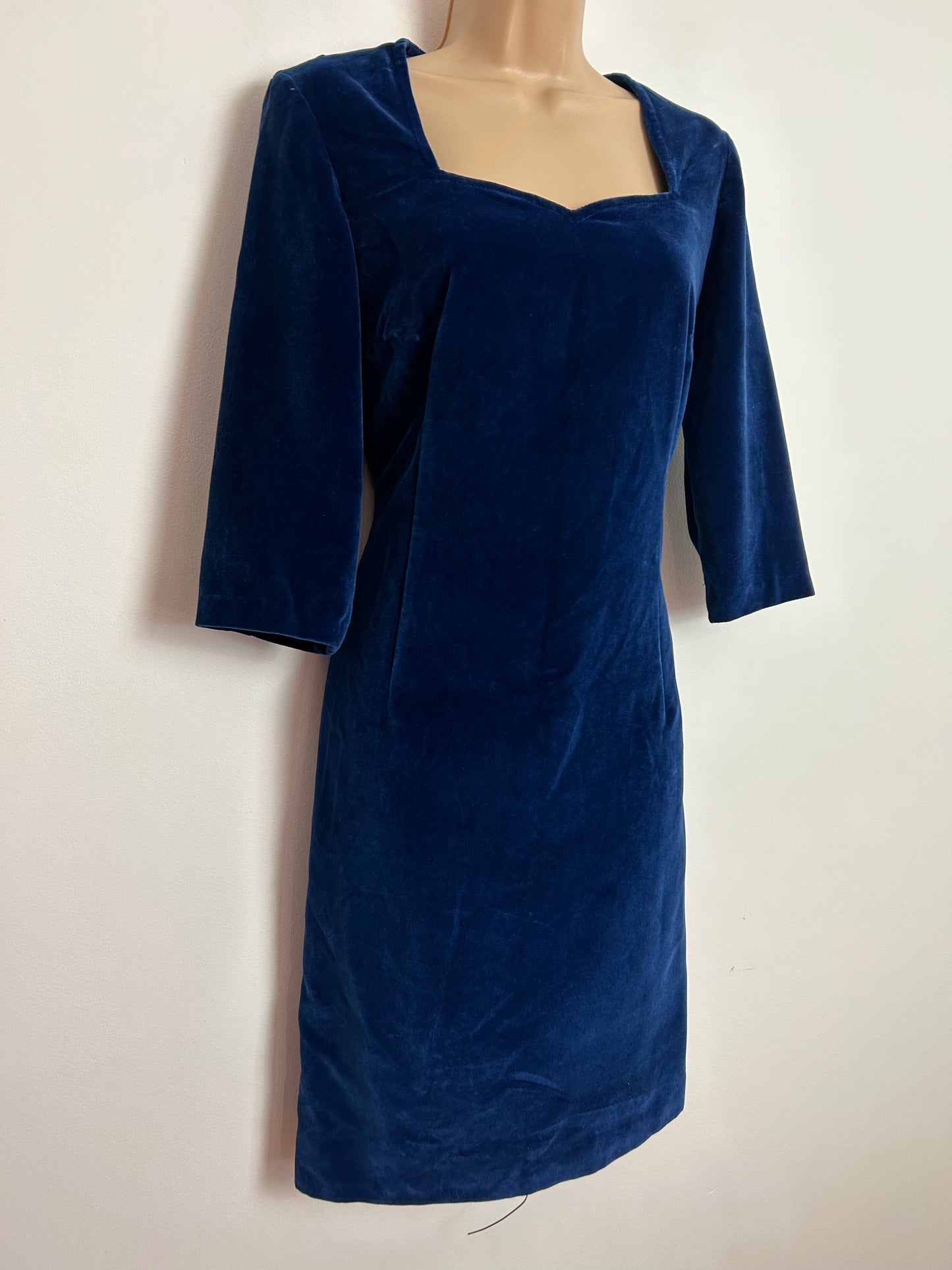 Vintage 1960s UK Size 8 Midnight Blue Velvet 3/4 Sleeve Christmas Party Occasion Dress