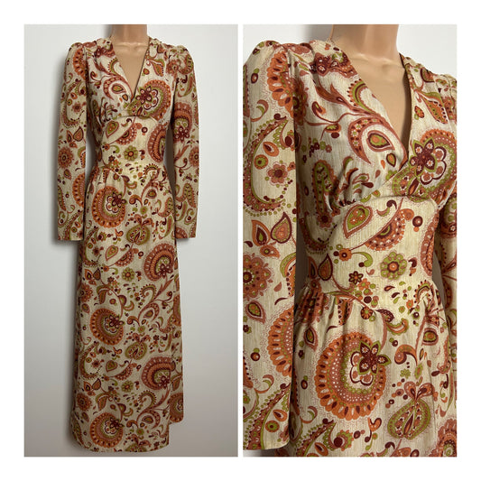Vintage 1970s Size 8 Cream Terracotta & Burnt Orange Floral & Paisley Print Long Sleeve Maxi Dress