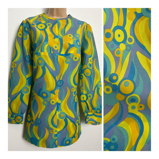 Vintage 1960s Size 14 Blue Yellow Orange & Violet Psychedelic Print Midi Mod Shift Dress