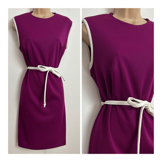 Vintage 1970s Size 14 Plum Purple & White Trim Sleeveless Belted Mod Day Dress