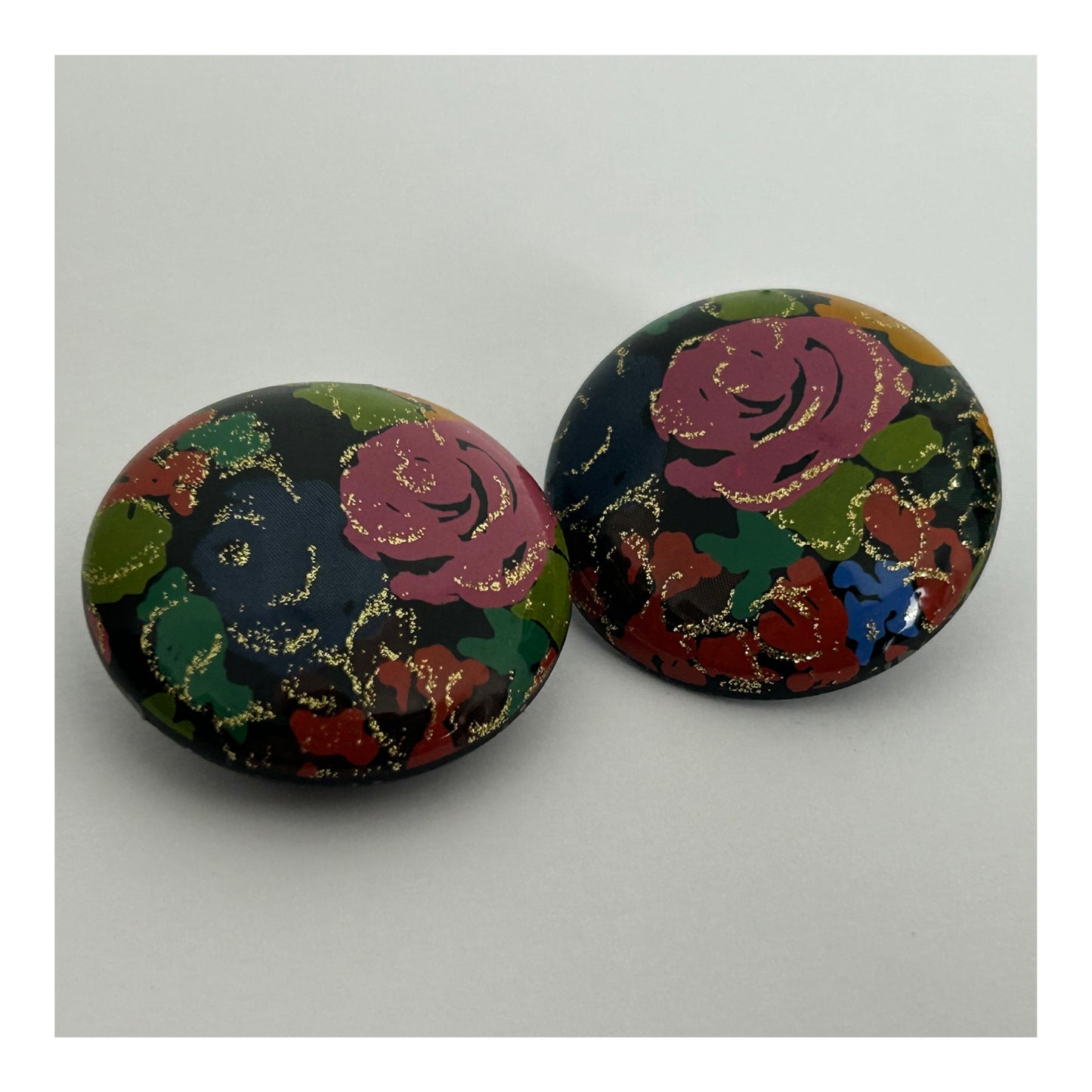 Vintage 1980s Blue Pink & Green Floral Glittery Large Round Clip On Earrings