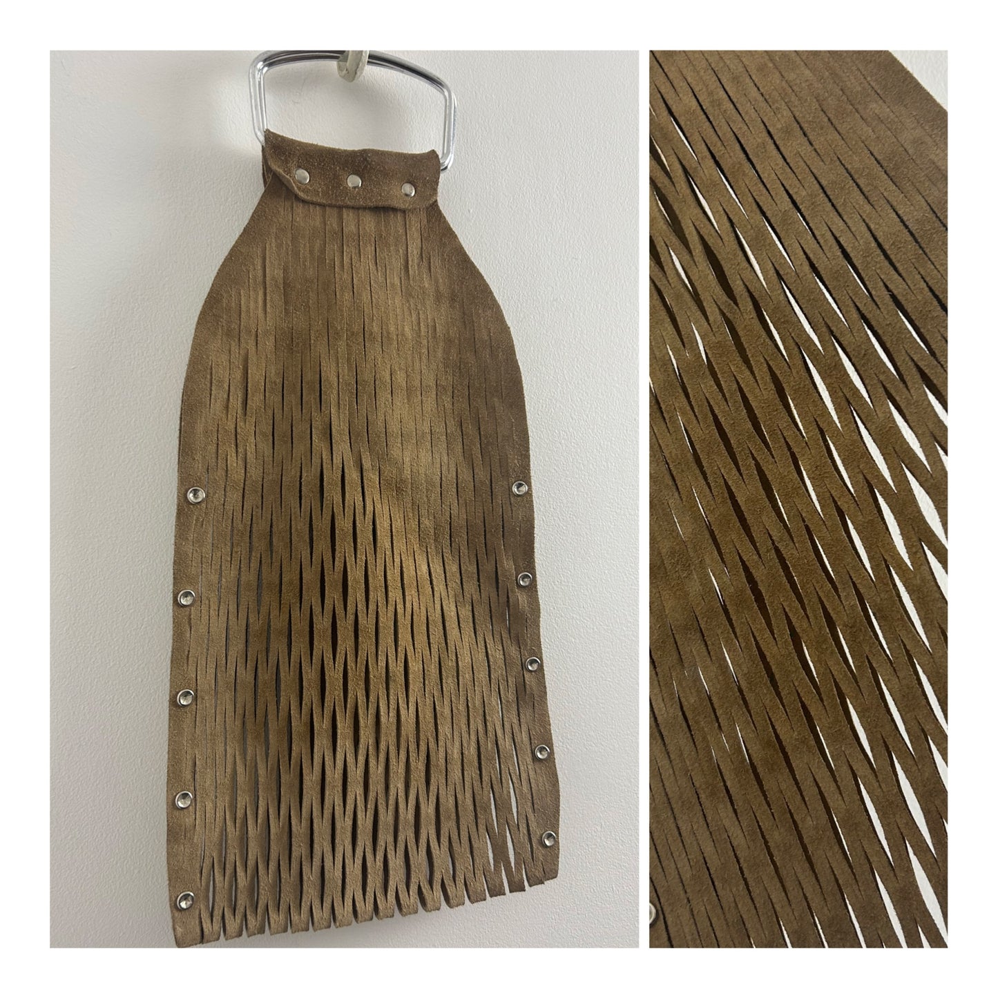 Vintage Late 1960s Beige Suede Leather Lattice Cutwork Stretchy Boho Bag