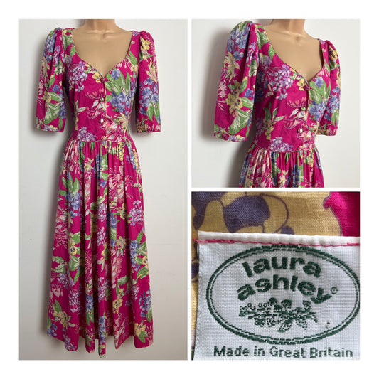 Vintage 1980s LAURA ASHLEY Size 10 (Size 14 On Label) Fuchsia Pink Floral Print Cotton Tea Dress