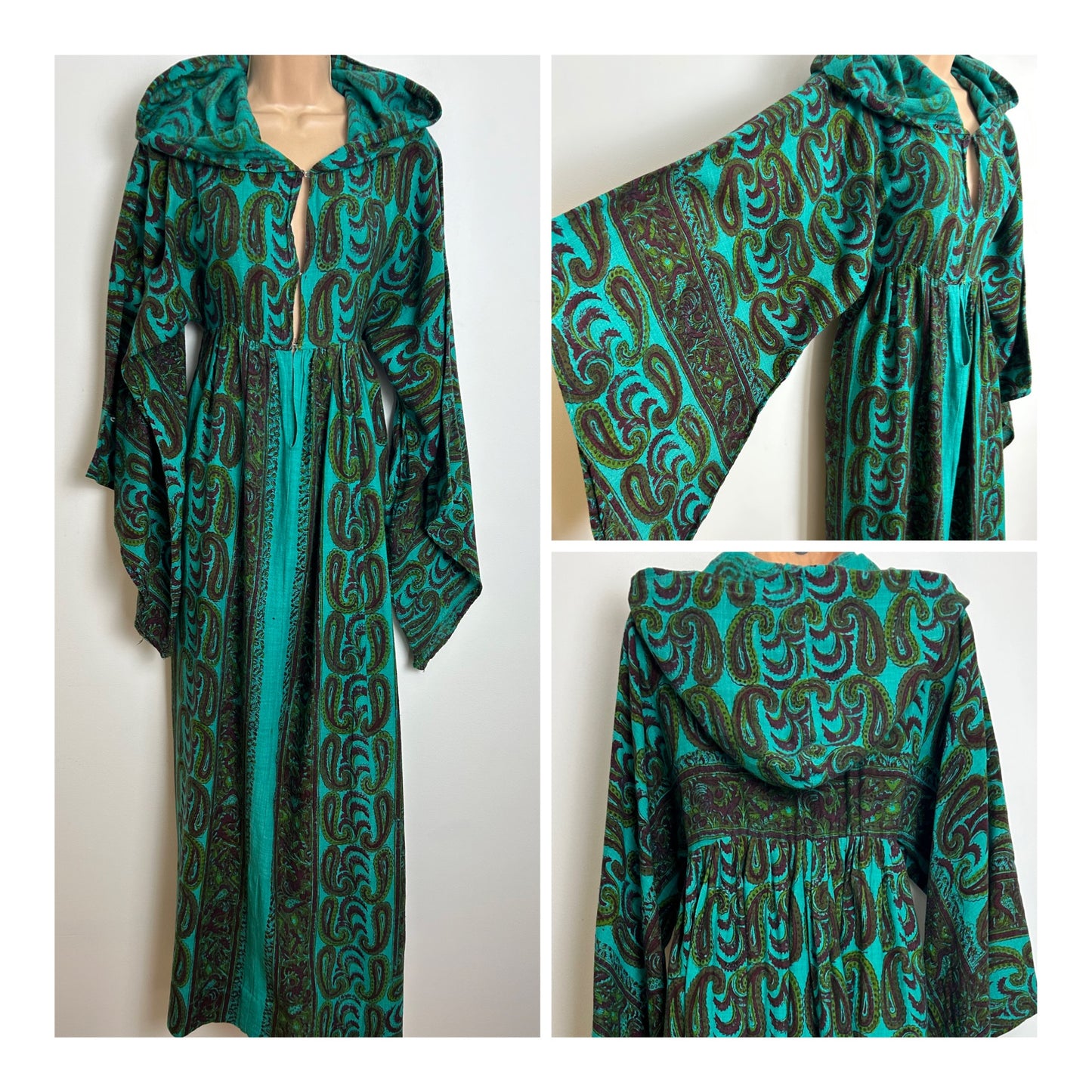 Vintage 1970s MOGUL Approx Size 8 Dark Turquoise Green Paisley Print Wide Sleeve Hooded Kaftan Style Maxi Dress
