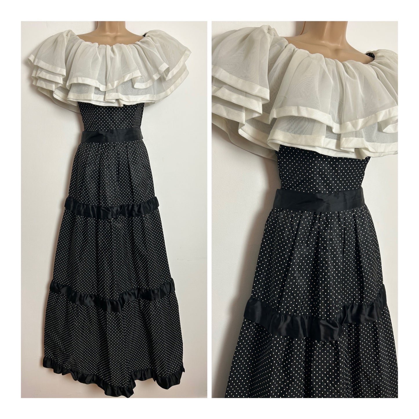 Vintage 1970s LURMAN UK Size 6 Black & White Polka Dot Print Belted Tiered Boho Prairie Maxi Dress