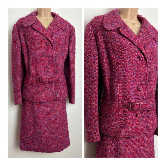 Vintage 1960s Size 12 WINDSMOOR Gorgeous Pink Boucle Wool & Mohair Mix Two Piece Skirt Suit