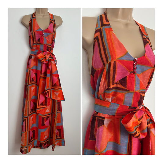 Vintage 1970s Size 14 Orange Pink Red & Blue Abstract Print Halter Neck Summer Maxi Dress