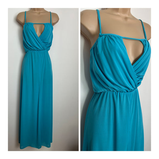 Vintage 1970s Size 12-14 MR DARREN Turquoise Cut Out Panel Strappy Summer Occasion Maxi Dress