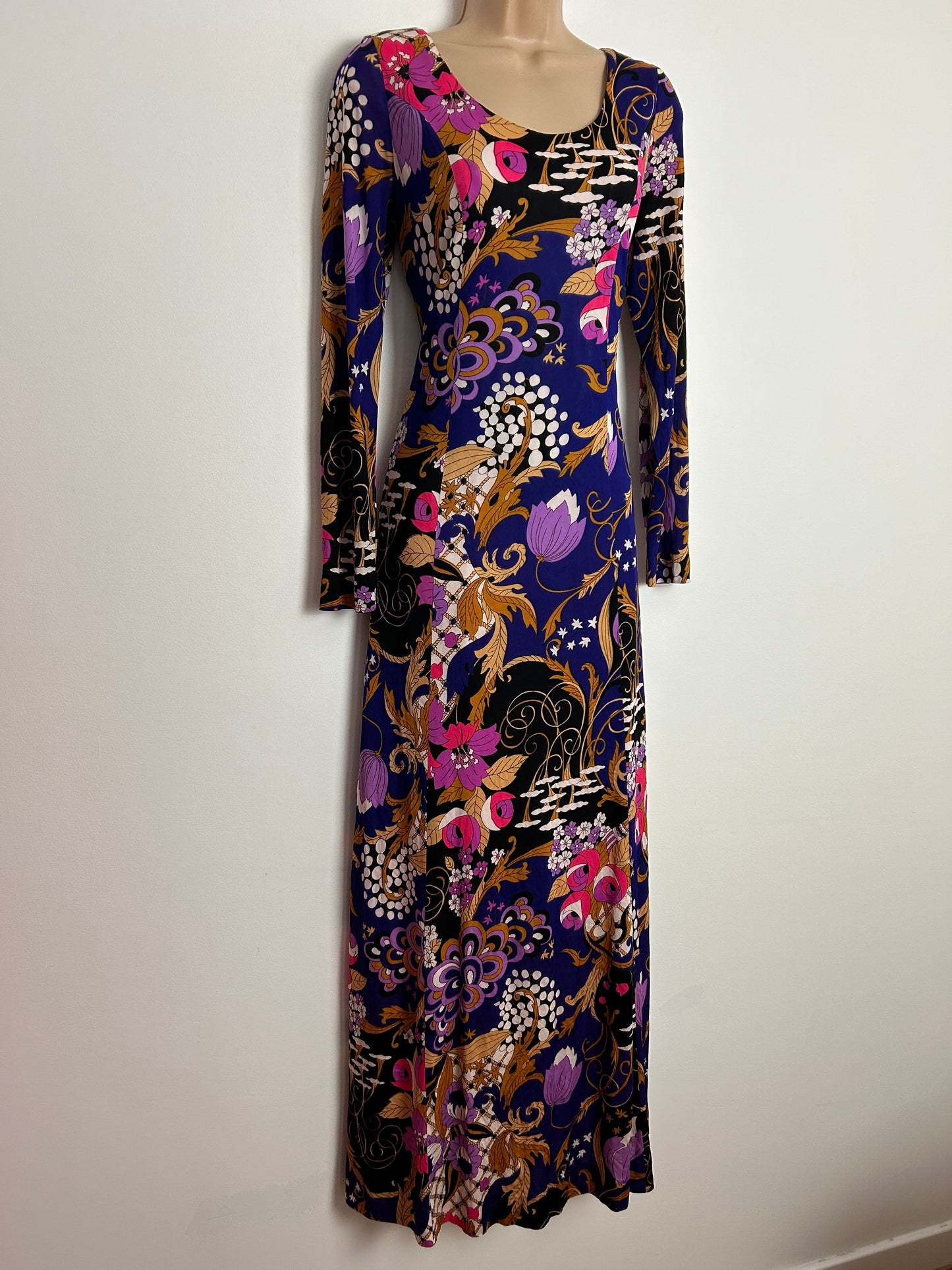Vintage 1970s MONTIGO BAY UK Size 12 Black Purple Pink & Brown Psychedelic Floral Print Long Sleeve Maxi Dress