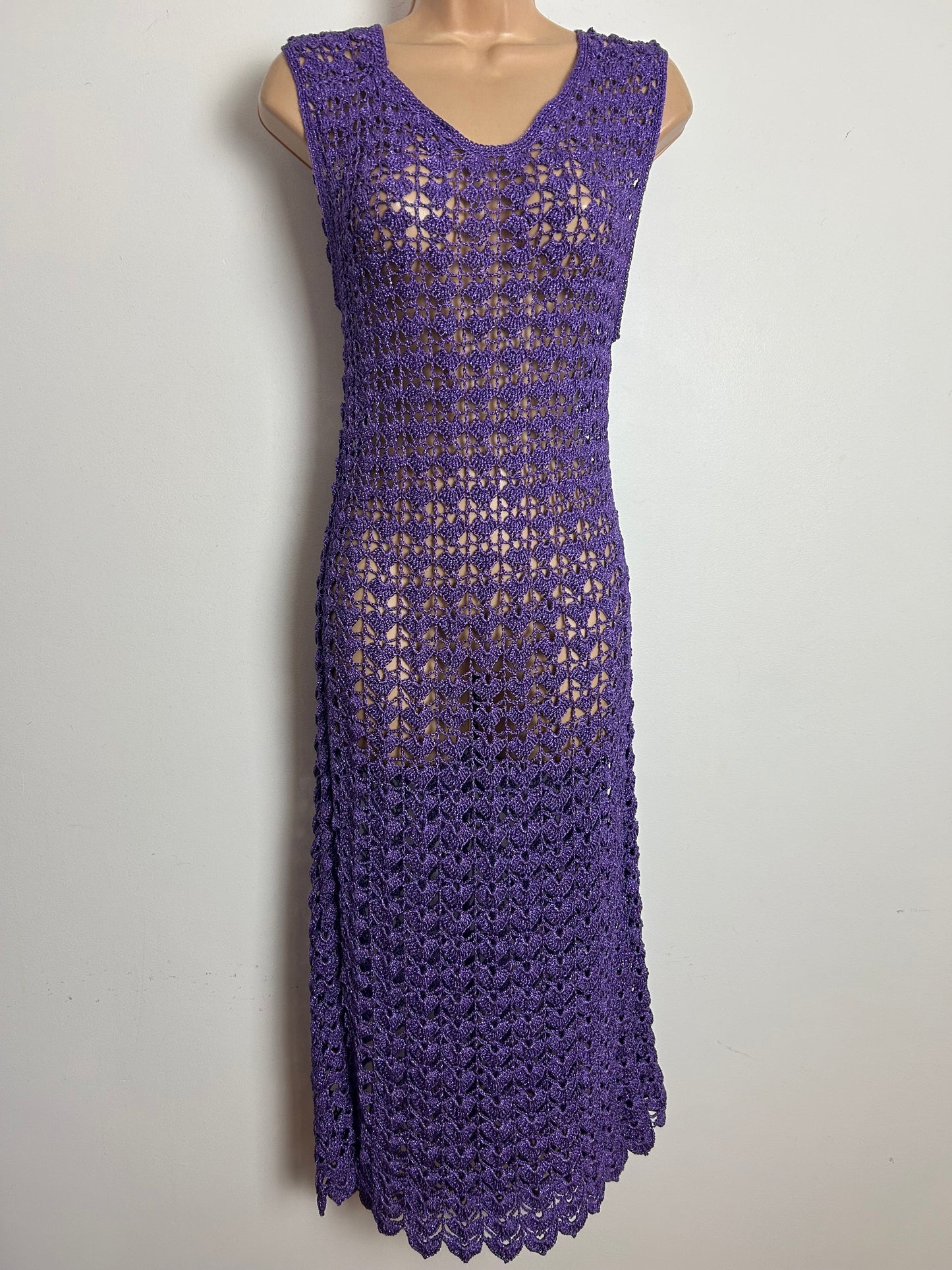 Vintage 1980s Size 12-14 Purple Glitter Crochet Sleeveless Party Occasion Midi Dress