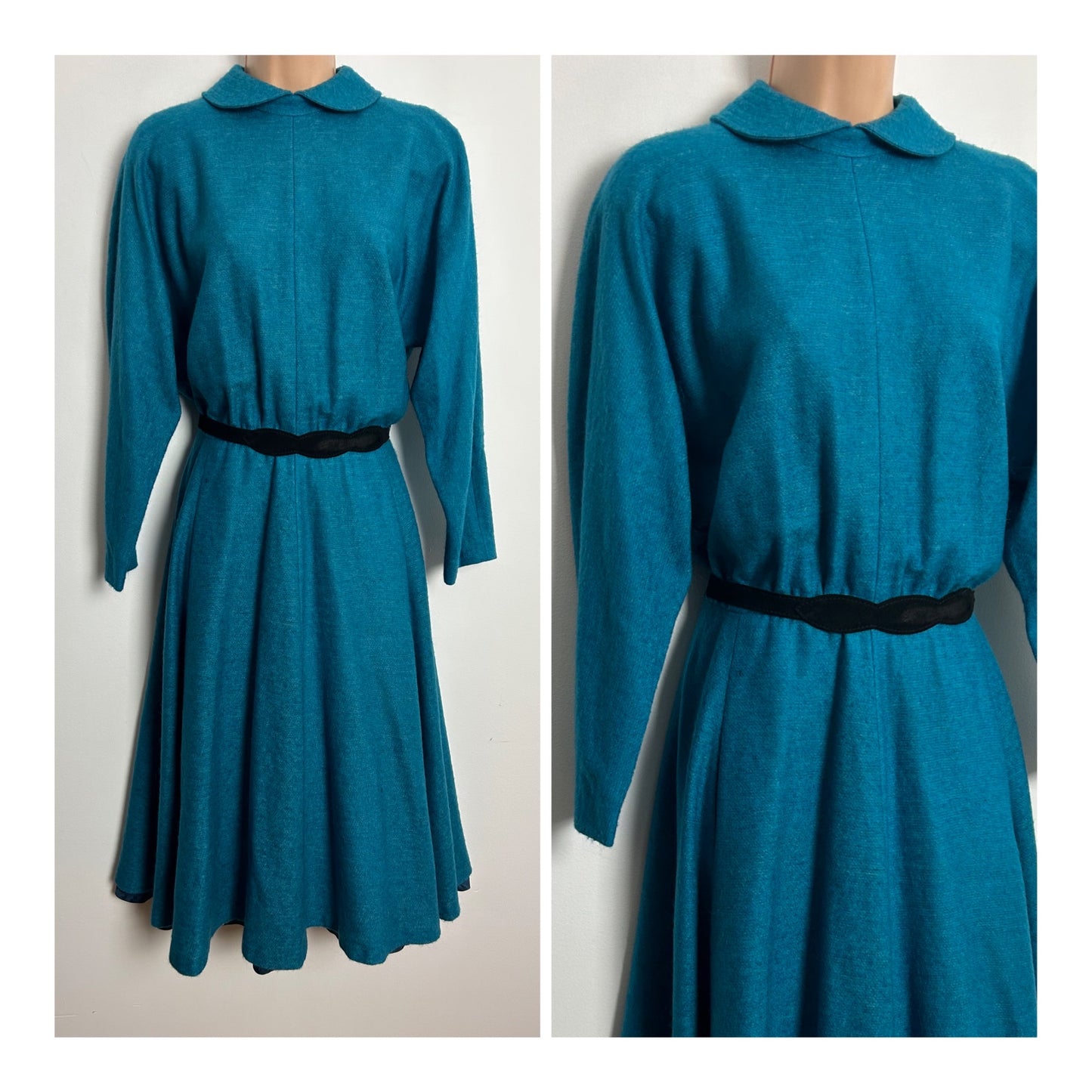 Vintage 1980s Approx UK Size 10 Peacock Blue Wool Mix Bat Wing Belted Swingy Day Dress