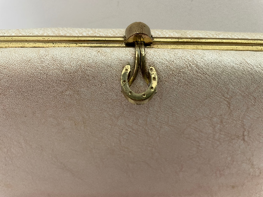 Vintage Early 1960s Cream Faux Leather Vinyl Gold Framed Lucky Horse Shoe Clasp Handbag