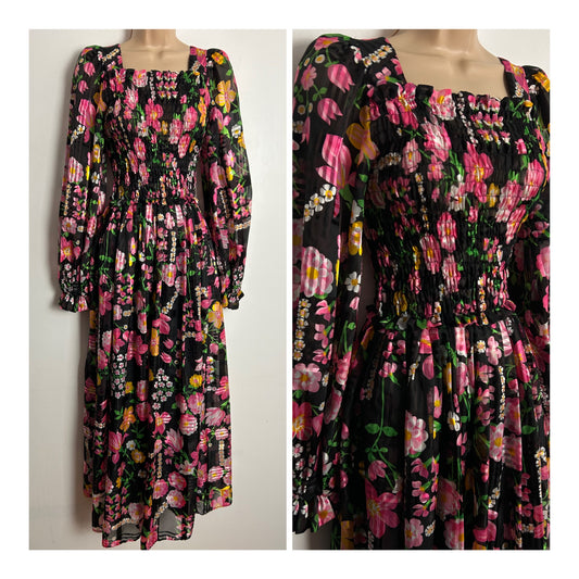 Vintage 1970s UK Size 6-8 Black Pink & Yellow Floral & Check Print Long Sleeve Shirred Bodice Boho Maxi Dress