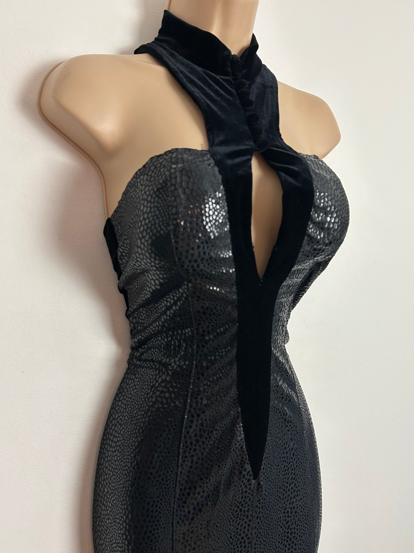 Vintage 1980s ROMEO POUR JULIETTE Paris UK Size 10 Black Velour & Snakeskin Evening Dress & Matching Open Back Jacket