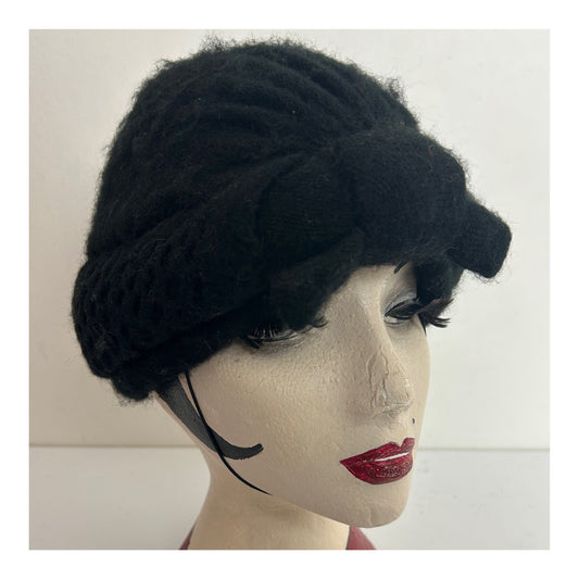 Vintage 1960’s Black Wool Bow Detail Turban Style Hat With Chin Strap
