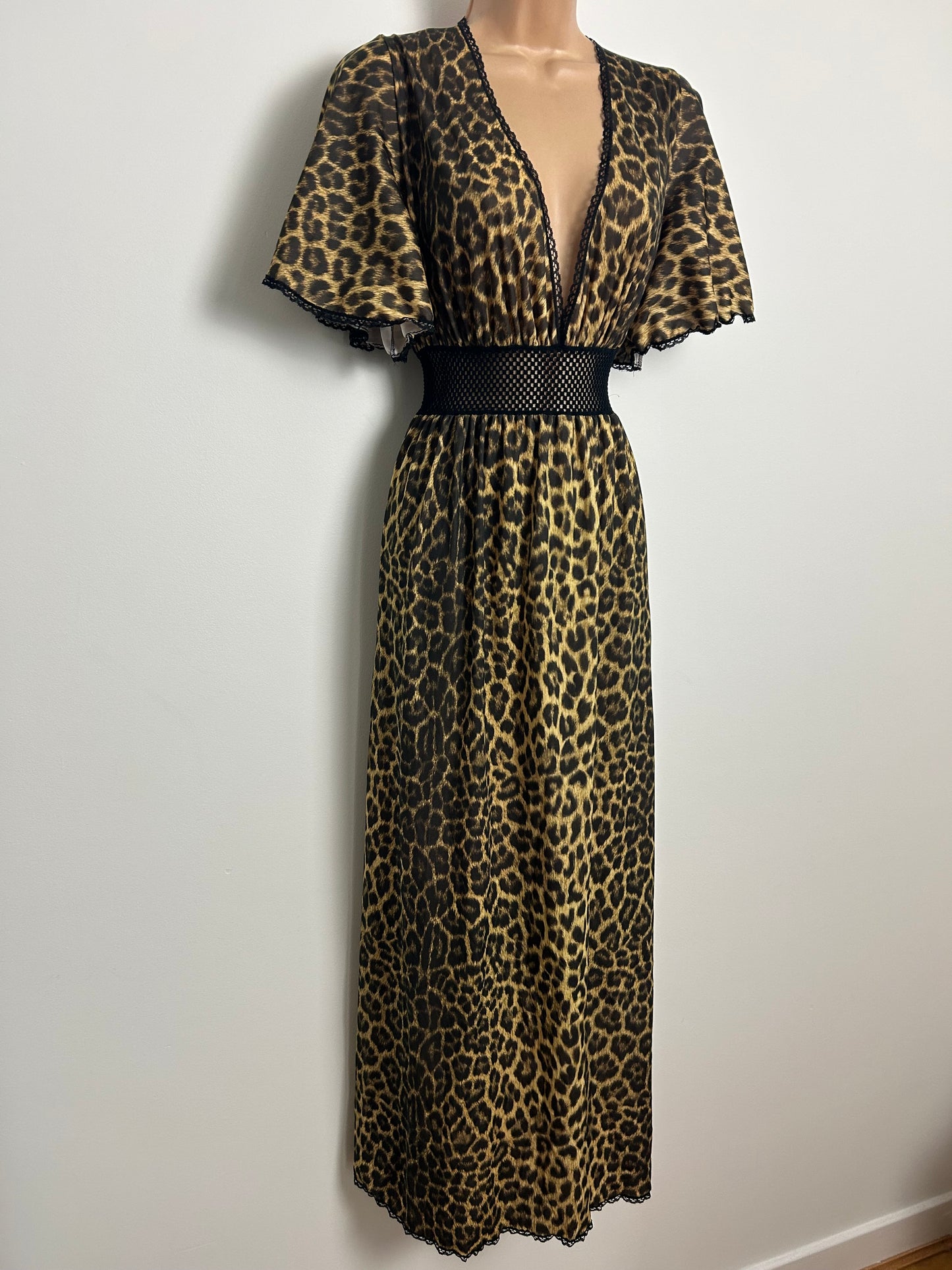 Vintage Late 1970s EUROBELLE Size 8-10 Leopard Print Flutter Sleeve Mesh Waist Panel Maxi Dress