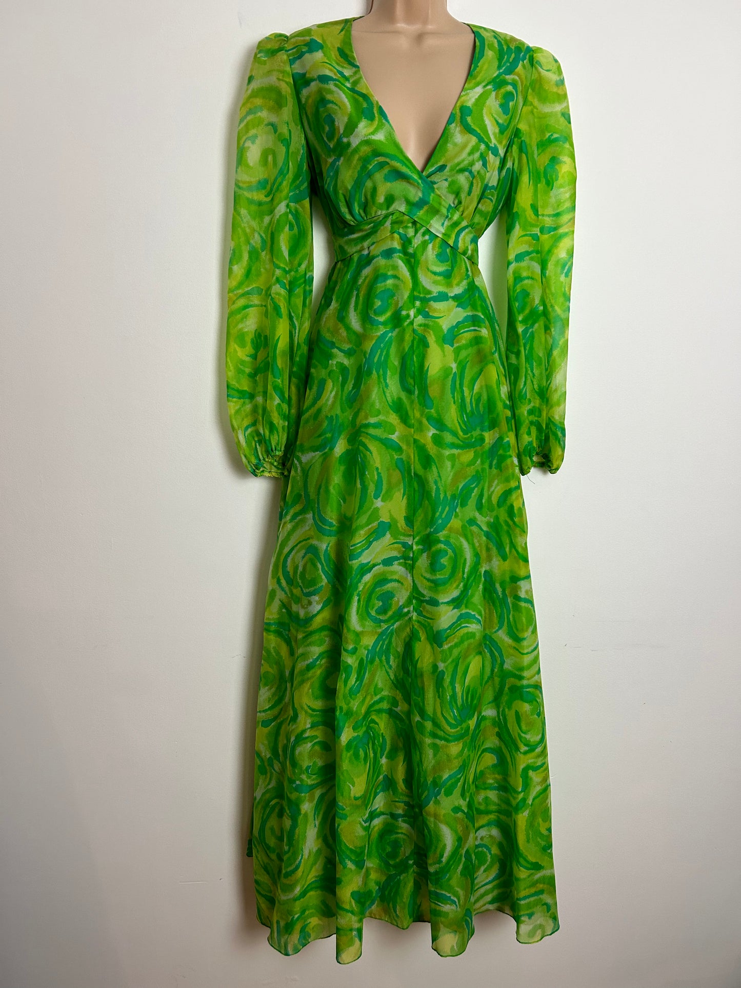 Vintage 1970s UK Size 12 Green Tones Abstract Print Wrap Tie Waist Long Sleeve Maxi Dress