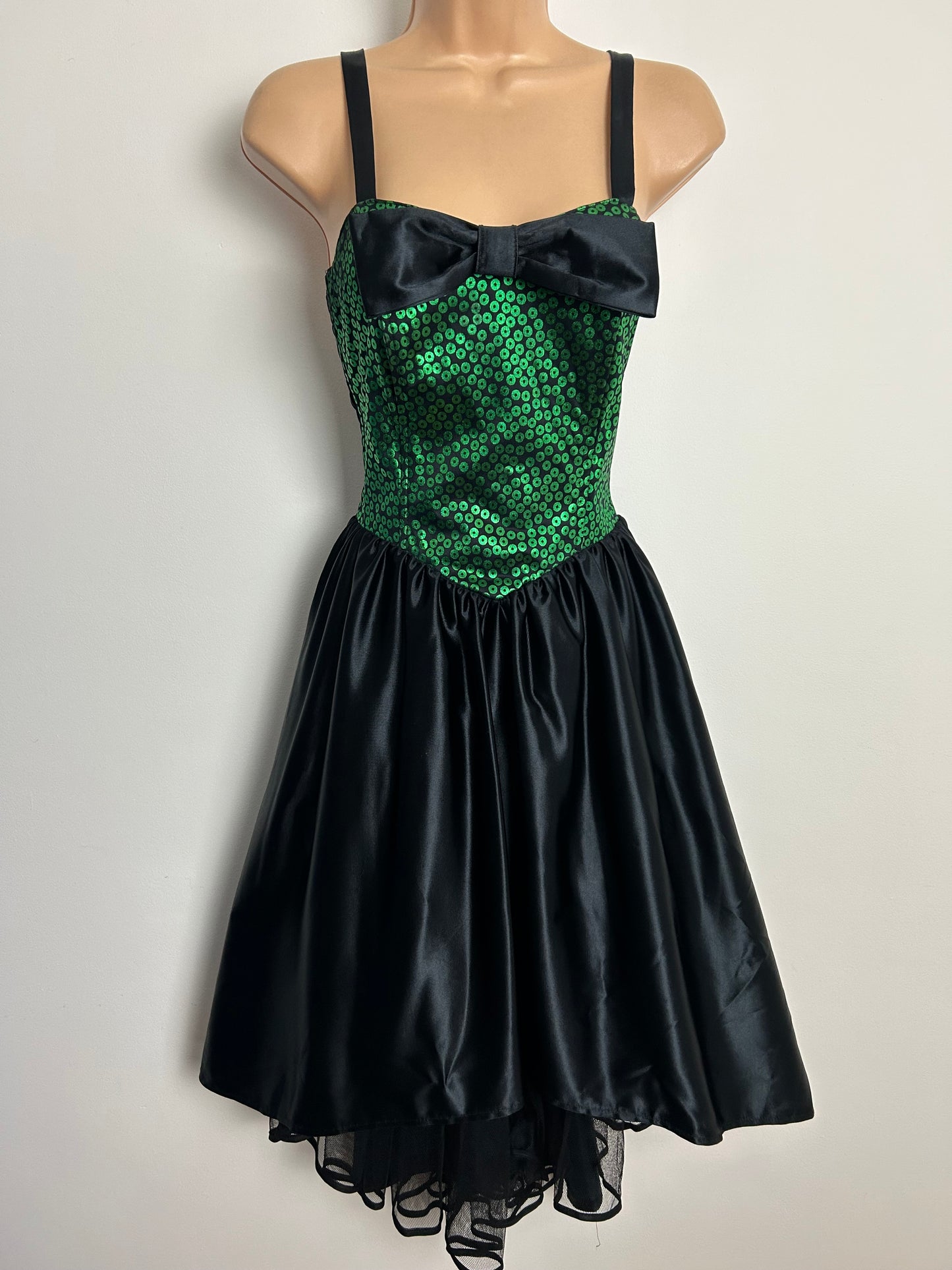 Vintage 1980s Size 8 Black & Green Disc Print Bow Detail Party Prom Dress