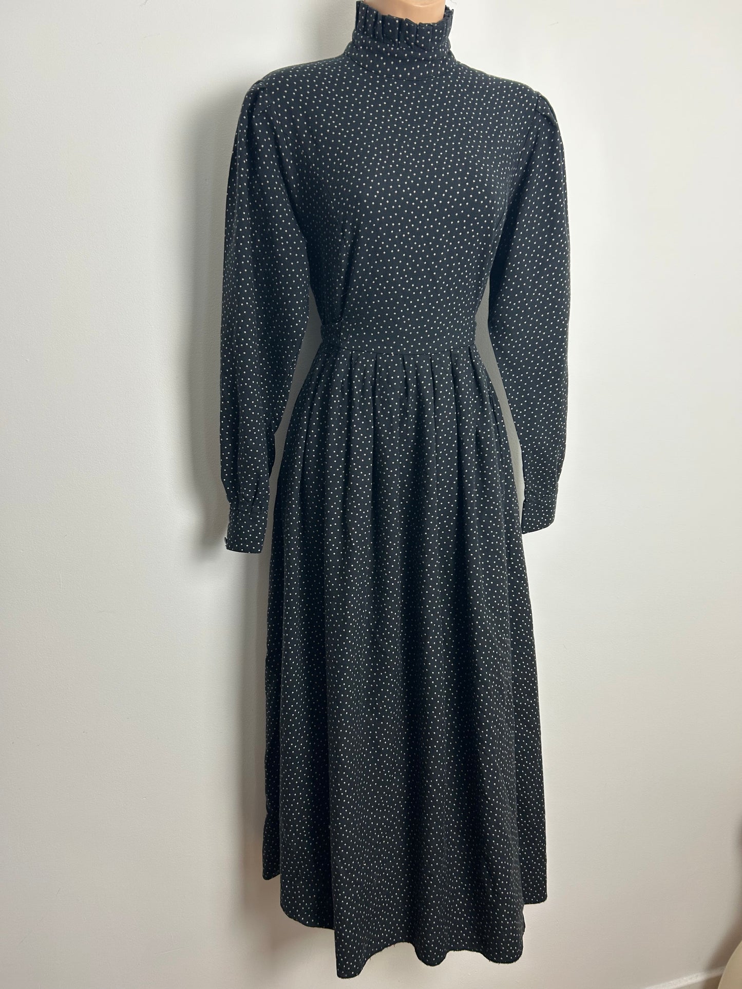 Vintage Early 1980s LAURA ASHLEY Size 12/14 (14 On Label) Black Polka Dot Tie Back Wool Mix Midi Dress