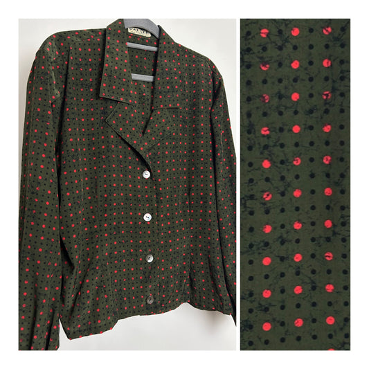 Vintage 1970s JAEGER Size 14 Dark Green Red & Black Polka Dot Print Long Sleeve Blouse/Top