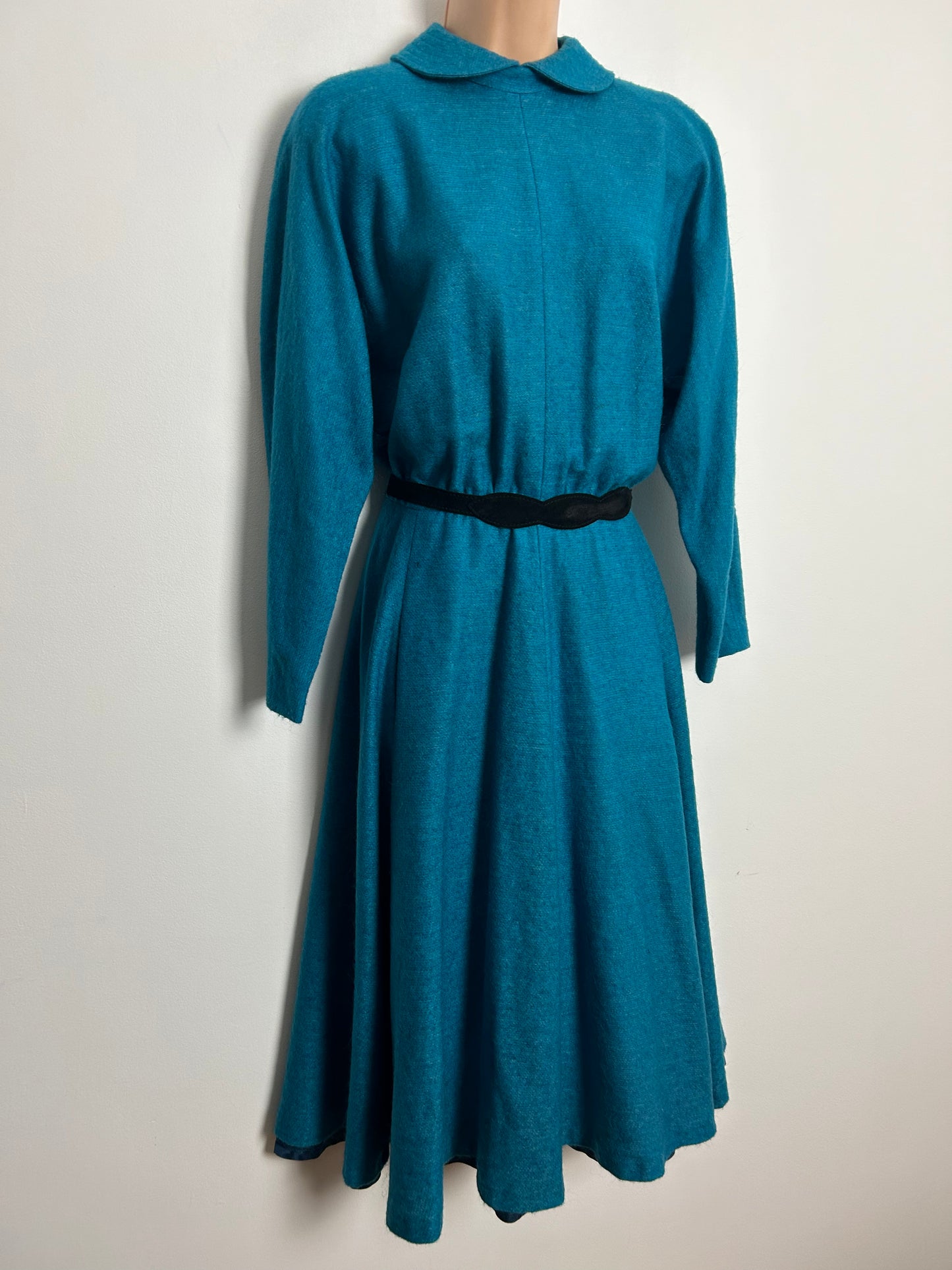 Vintage 1980s Approx UK Size 10 Peacock Blue Wool Mix Bat Wing Belted Swingy Day Dress