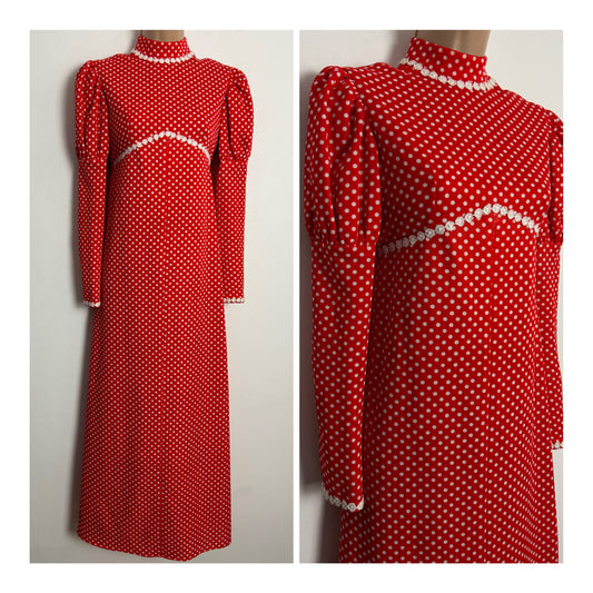 Vintage 1970s UK Size 6 Red & White Polka Dot Print Floral Applique Trim Prairie Maxi Dress