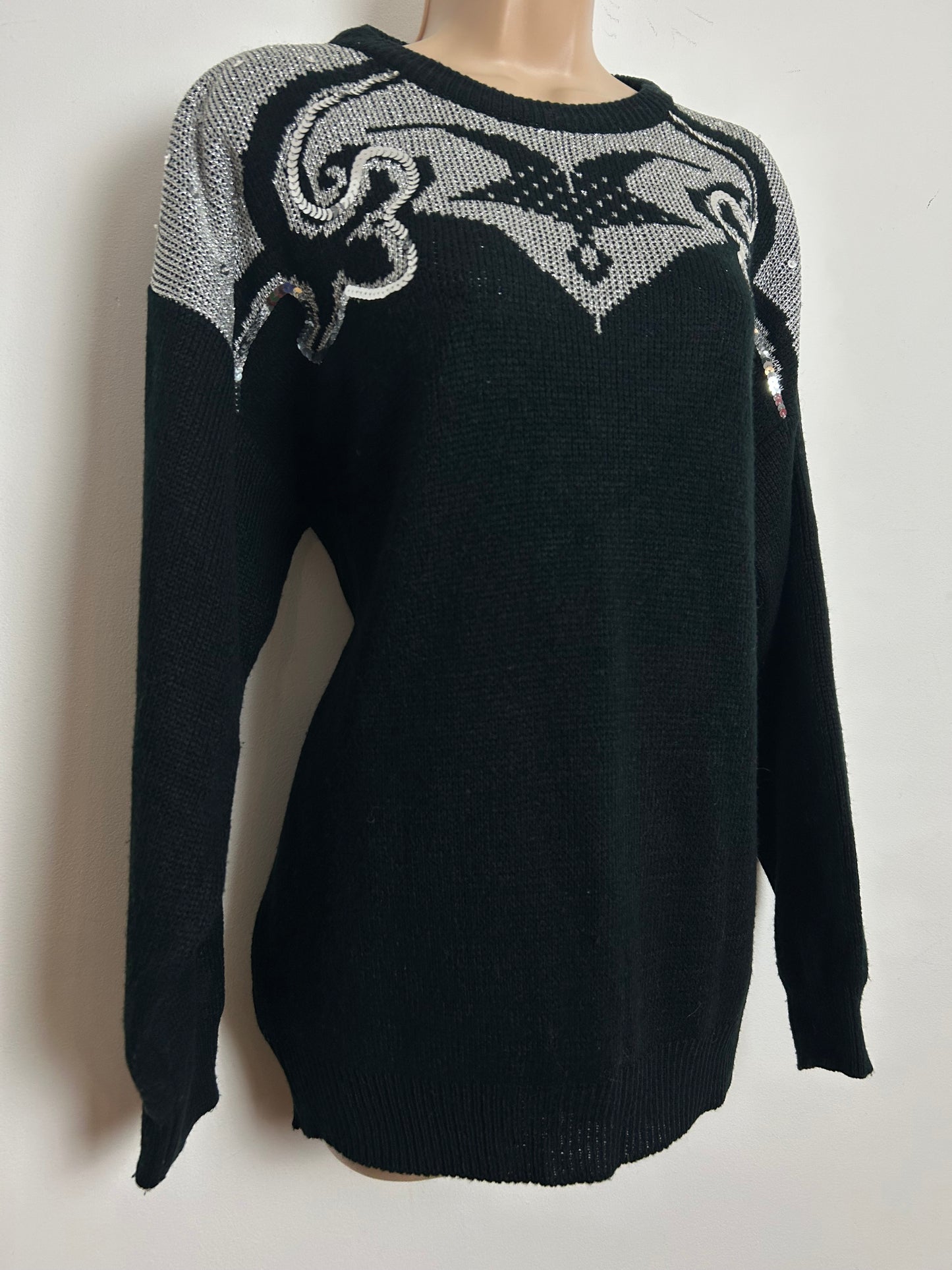 Vintage 1980s Up To Size 14/16 Black & Silver Sequin Detail Jumper