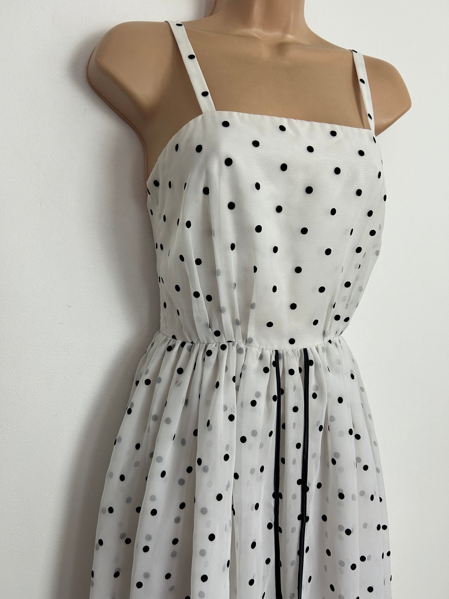 Vintage Early 1980s UK Size 6 White & Black Polka Dot Strappy Belted Gather pleated Layered Summer Occasion Maxi Dress