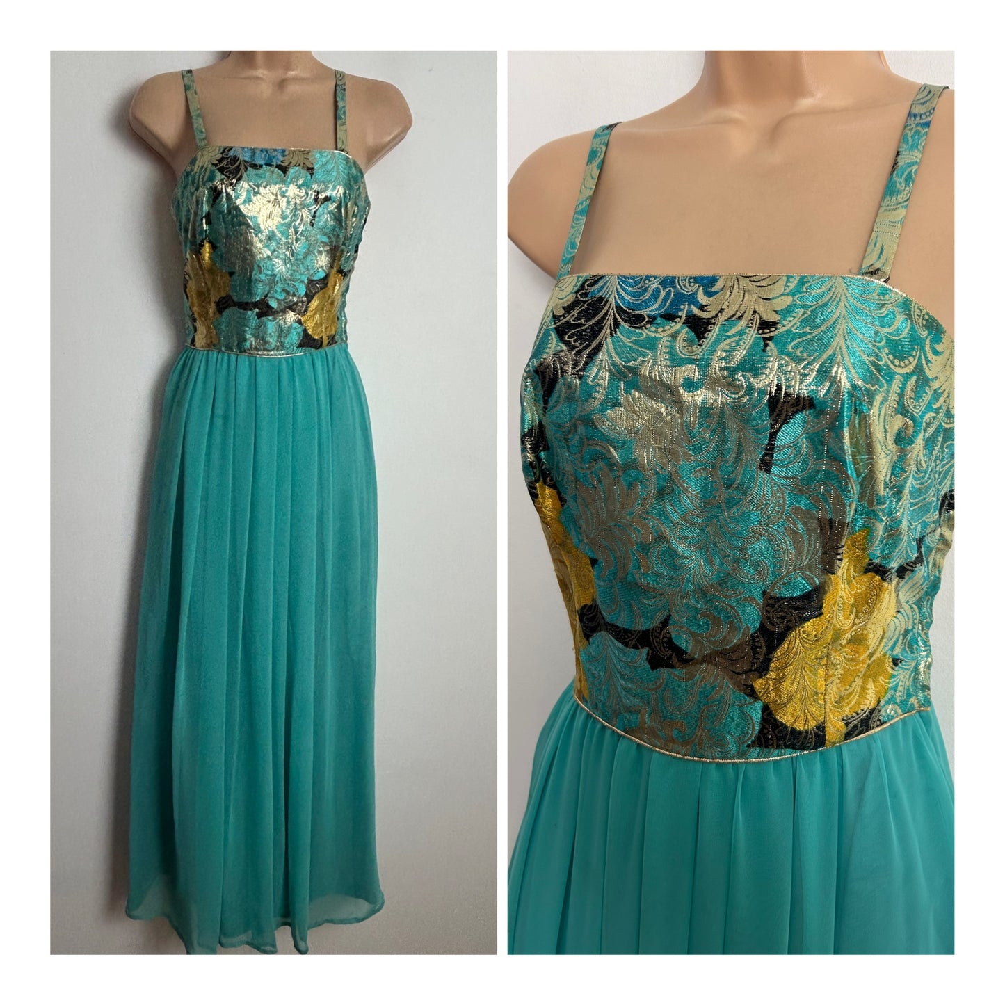 Vintage 1970s MUREK Size 6 Beautiful Seafoam Green & Gold Leaf Pattern Strappy Special Occasion Maxi Dress
