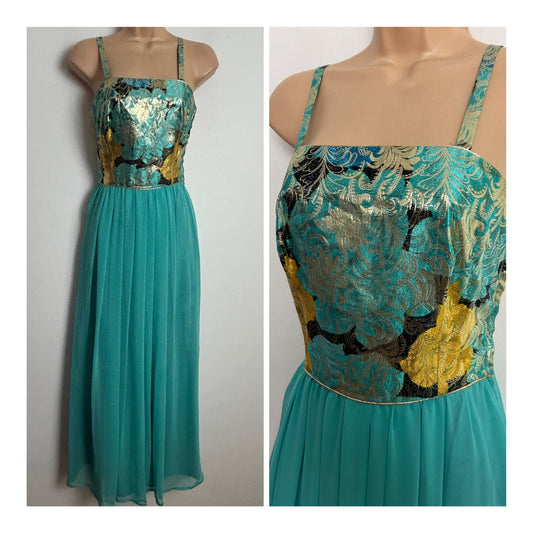 Vintage 1970s MUREK Size 6 Beautiful Seafoam Green & Gold Leaf Pattern Strappy Special Occasion Maxi Dress