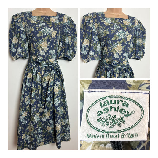 Vintage 1980s LAURA ASHLEY Size 14 (Size 16 On Label) Blue & Green Floral & Butterfly Print Cotton Belted Day Dress