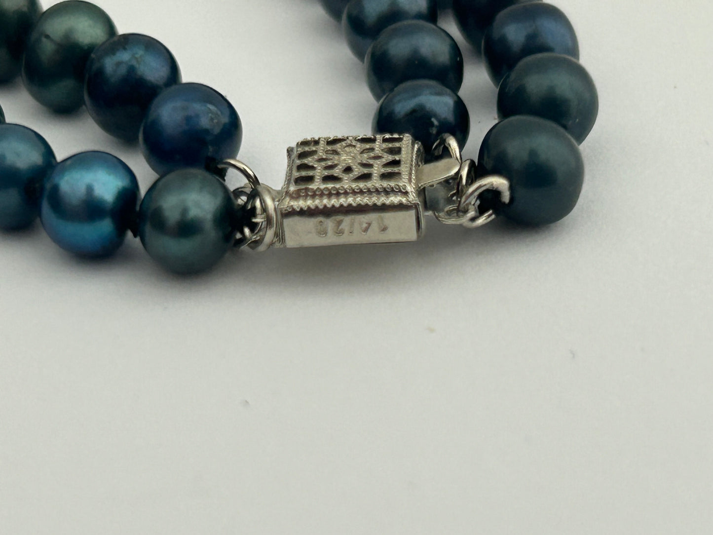 Vintage Blue Dyed Real Pearl Double Strand Bracelet With 14k Gold Filled Silver Tone Box Clasp