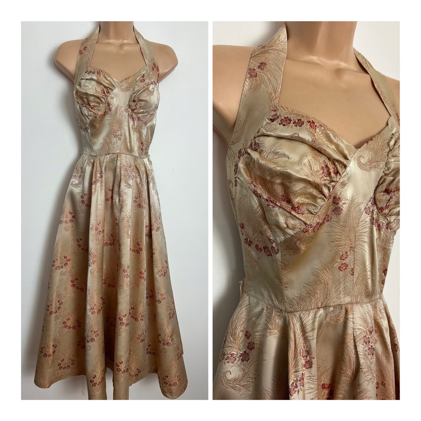 Vintage 1950s UK Size 10 Beautiful Pale Gold & Red Jacquard Silk Halter Neck Special Occasion Party Prom Dress