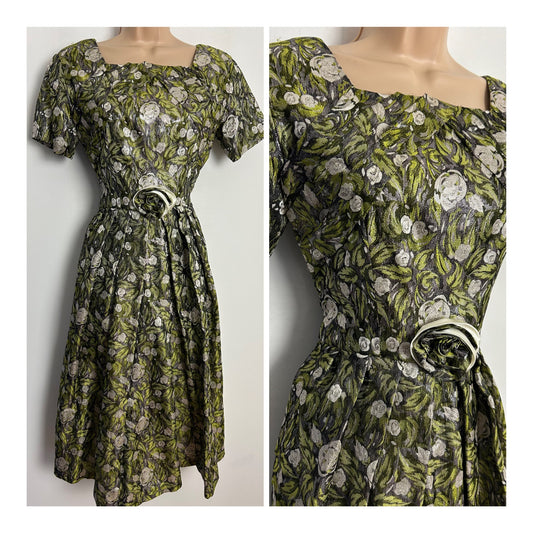 Vintage 1950s UK Size 8 Gorgeous Green  & Silver Lurex Floral Pattern Brocade Pleated Party Dress
