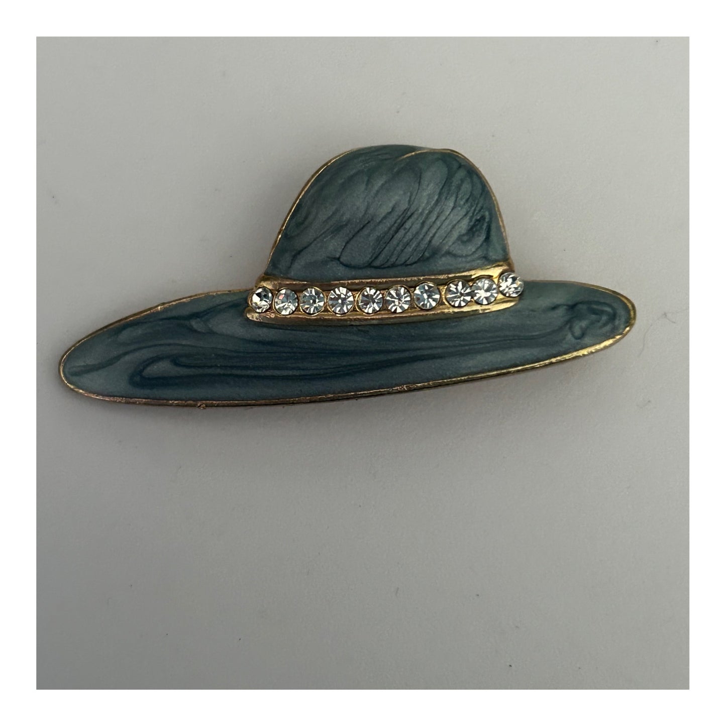 Vintage 80s Gold Tone & Blue Enamel Diamante Set Trilby Hat Pin Brooch