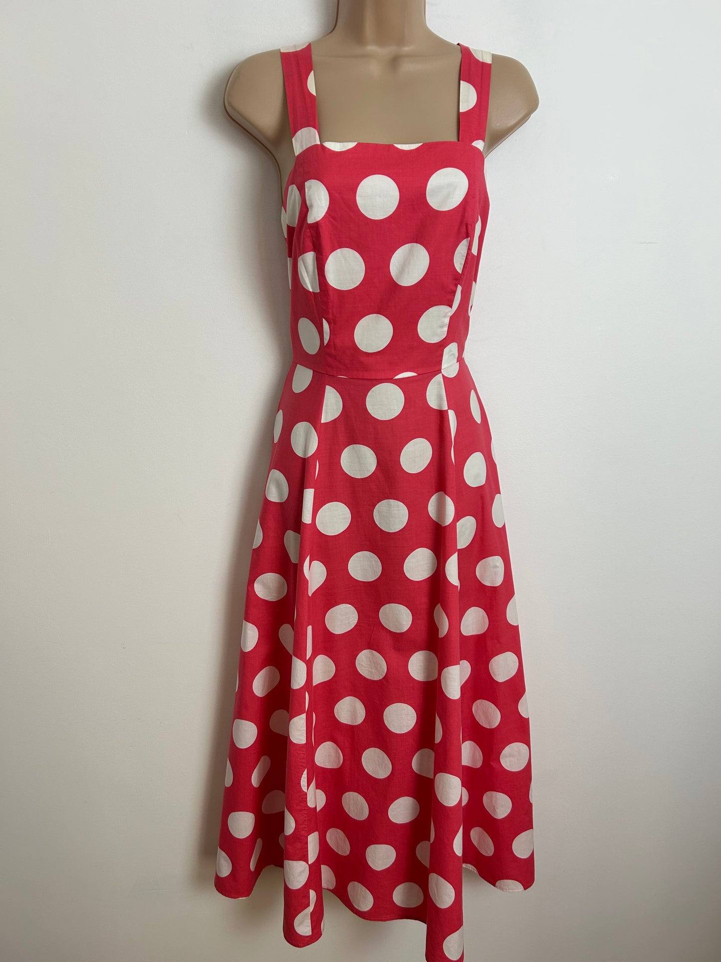 Vintage 1980s LAURA ASHLEY UK Size 10 (Size 14 On Label) Pinky Red & White Spot Polka Dot Print Summer Dress