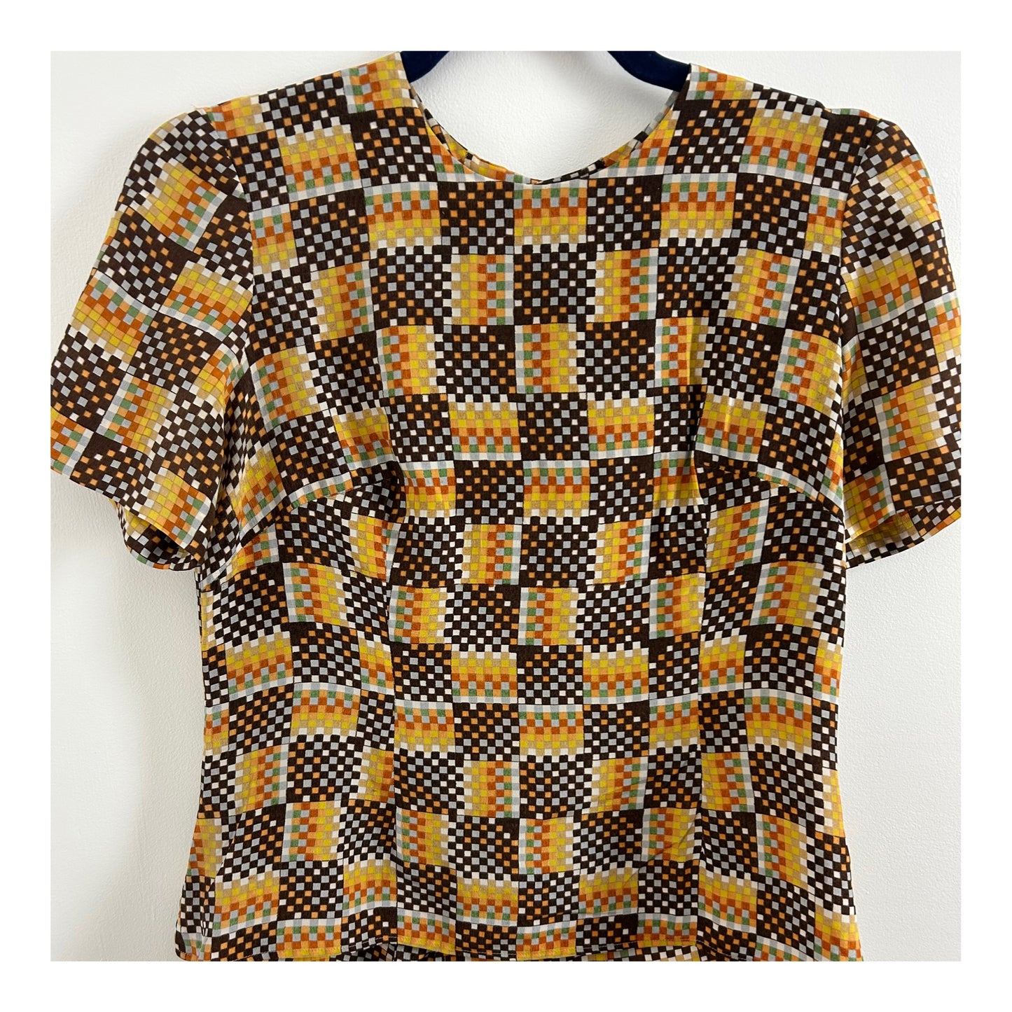 Vintage 1970s Size 10 Brown Mustard Rust Mix Square Grid Print Silk Button Back Blouse/Top