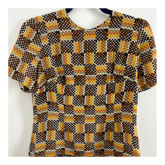 Vintage 1970s Size 10 Brown Mustard Rust Mix Square Grid Print Silk Button Back Blouse/Top
