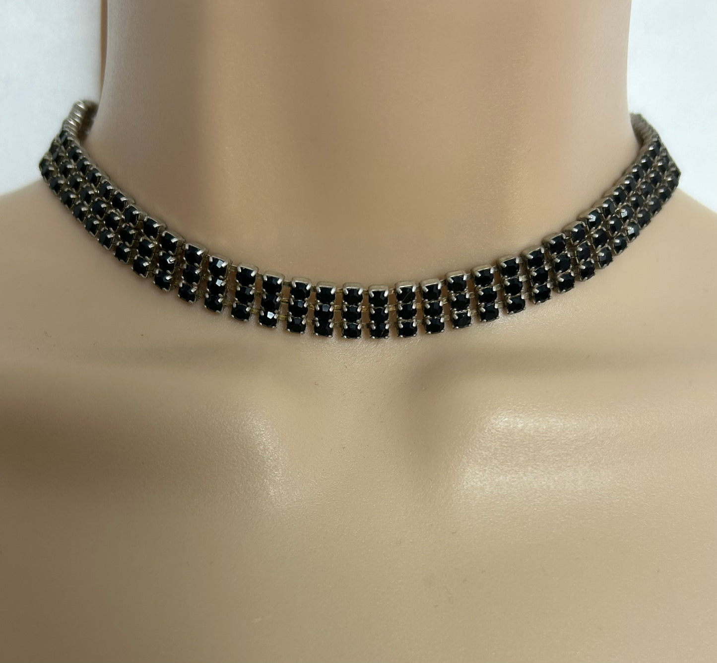 Vintage Silver Tone Paste Black Diamante Stone Set Choker Necklace