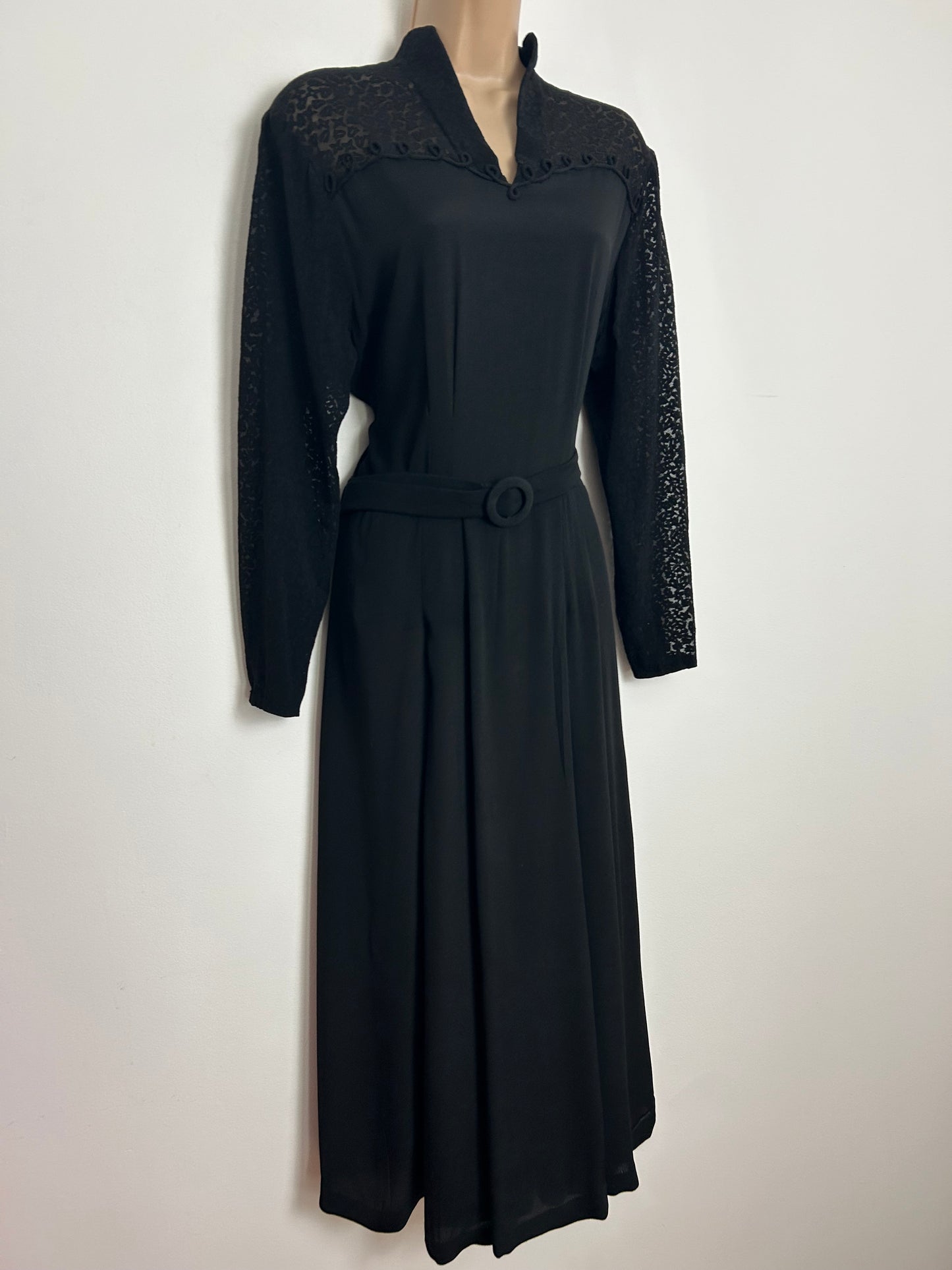 Vintage 1940s Size 14 Black Rayon Burn Out/Devore Long Sleeve Belted WW2 Era Tea Dress