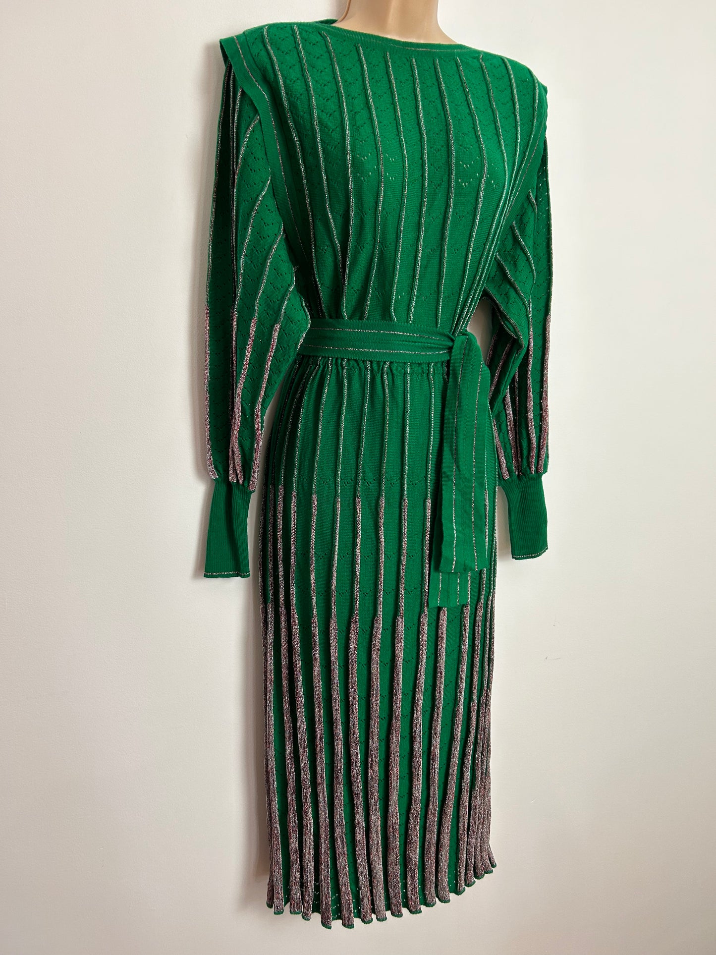 Vintage 1980s BELLINO Made In Italy UK Size 10 STUNNING Green & Metallic Silver Pleated Knitted Dress