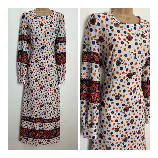 Vintage 1970s UK Size 12 White Orange Blue & Pink Floral & Polka Dot Long Sleeve Maxi Dress