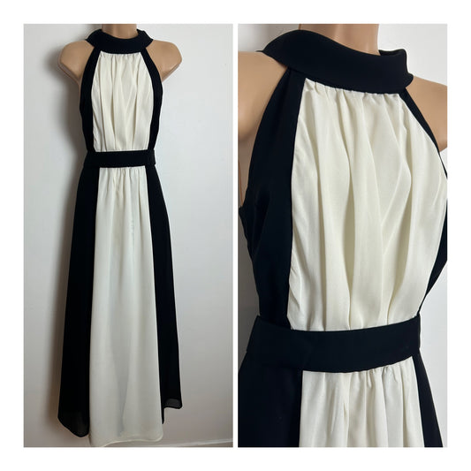 Vintage 1970s Size 8 Black & White Panelled Sleeveless Evening Occasion Maxi Dress