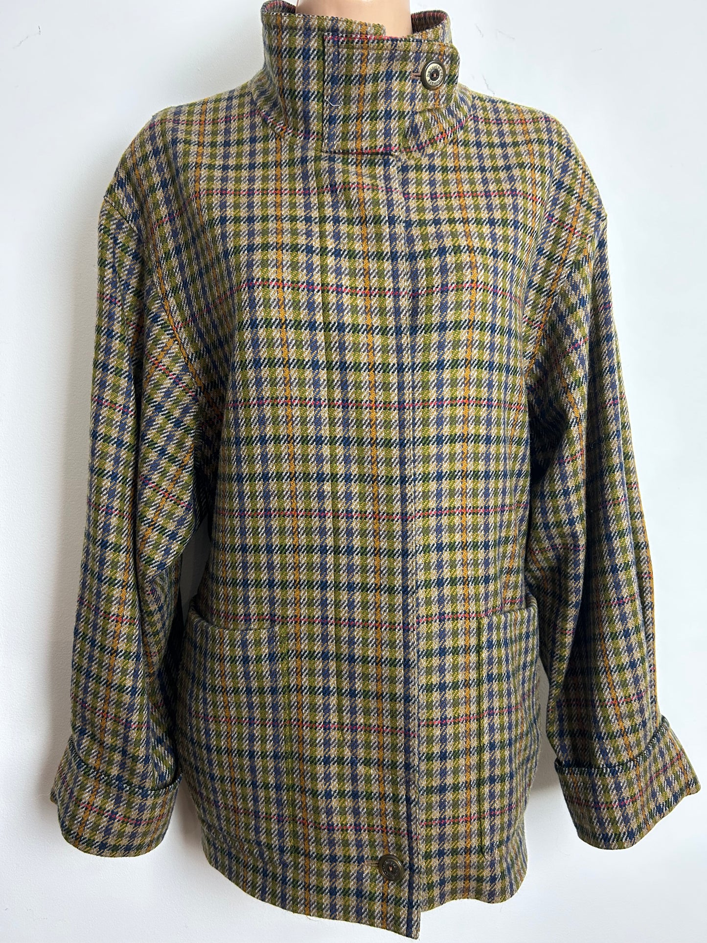 Vintage 1980s Size 14-16 Brown Dogtooth Check Wool Mix Fully Lined Jacket
