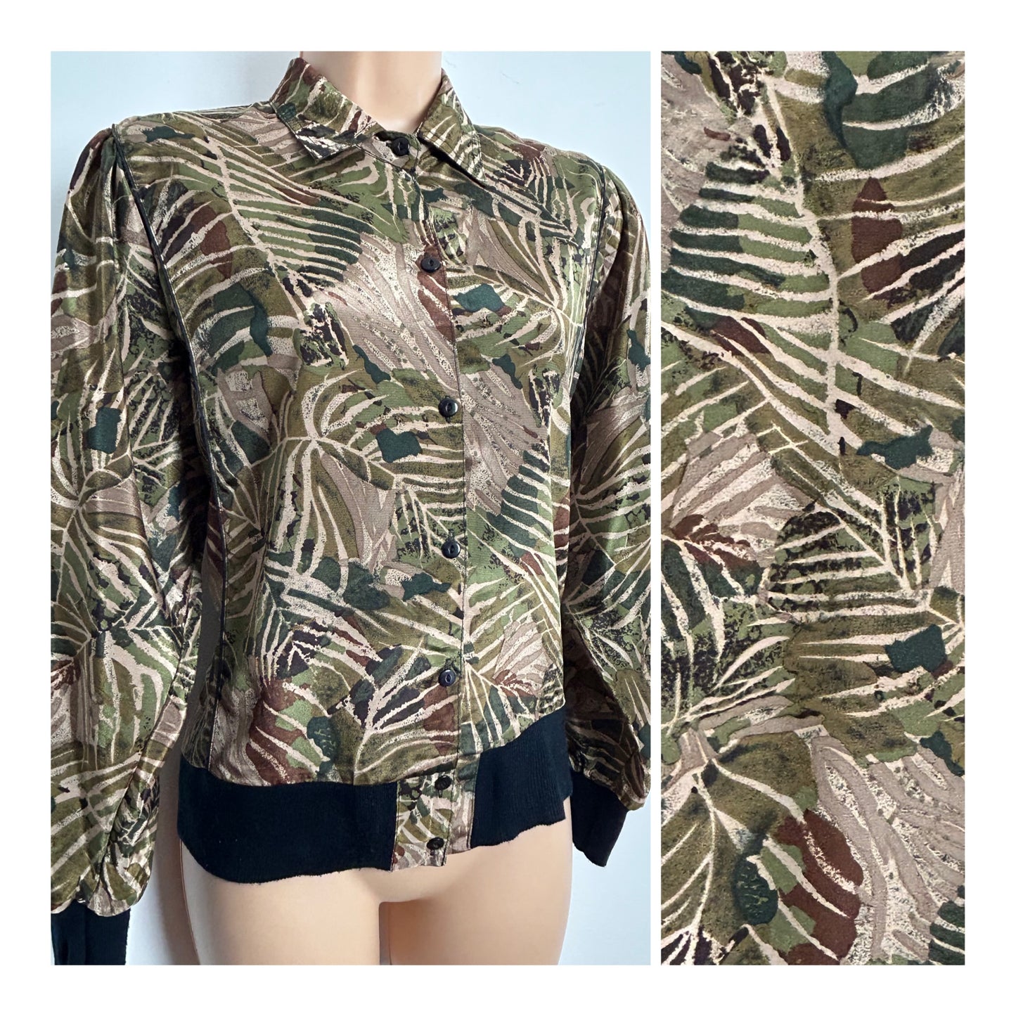 Vintage 1980s Size 12-14 Brown & Green Tones Tropical Jungle Print Blouson Style Shirt