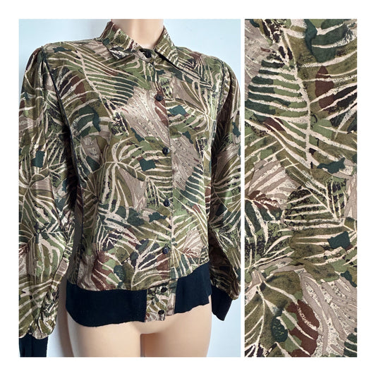 Vintage 1980s Size 12-14 Brown & Green Tones Tropical Jungle Print Blouson Style Shirt
