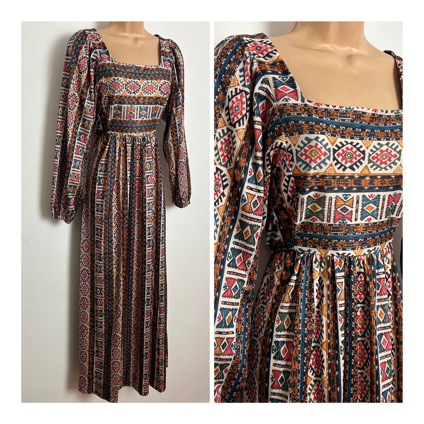 Vintage 1970s Size 6-8 Black Cream Rusty Brown & Red Abstract Print Long Sleeve Maxi Dress