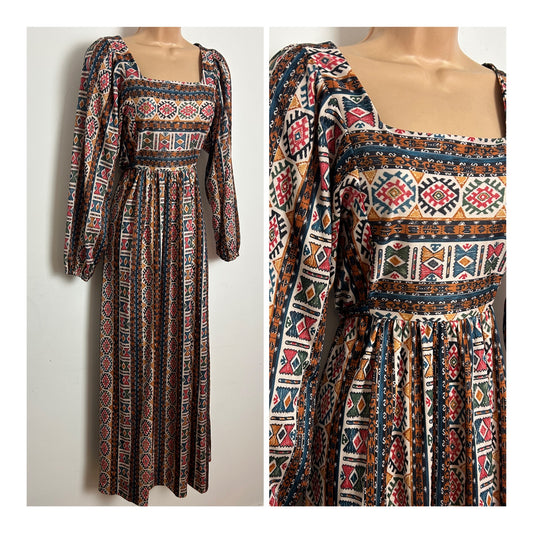 Vintage 1970s Size 6-8 Black Cream Rusty Brown & Red Abstract Print Long Sleeve Maxi Dress