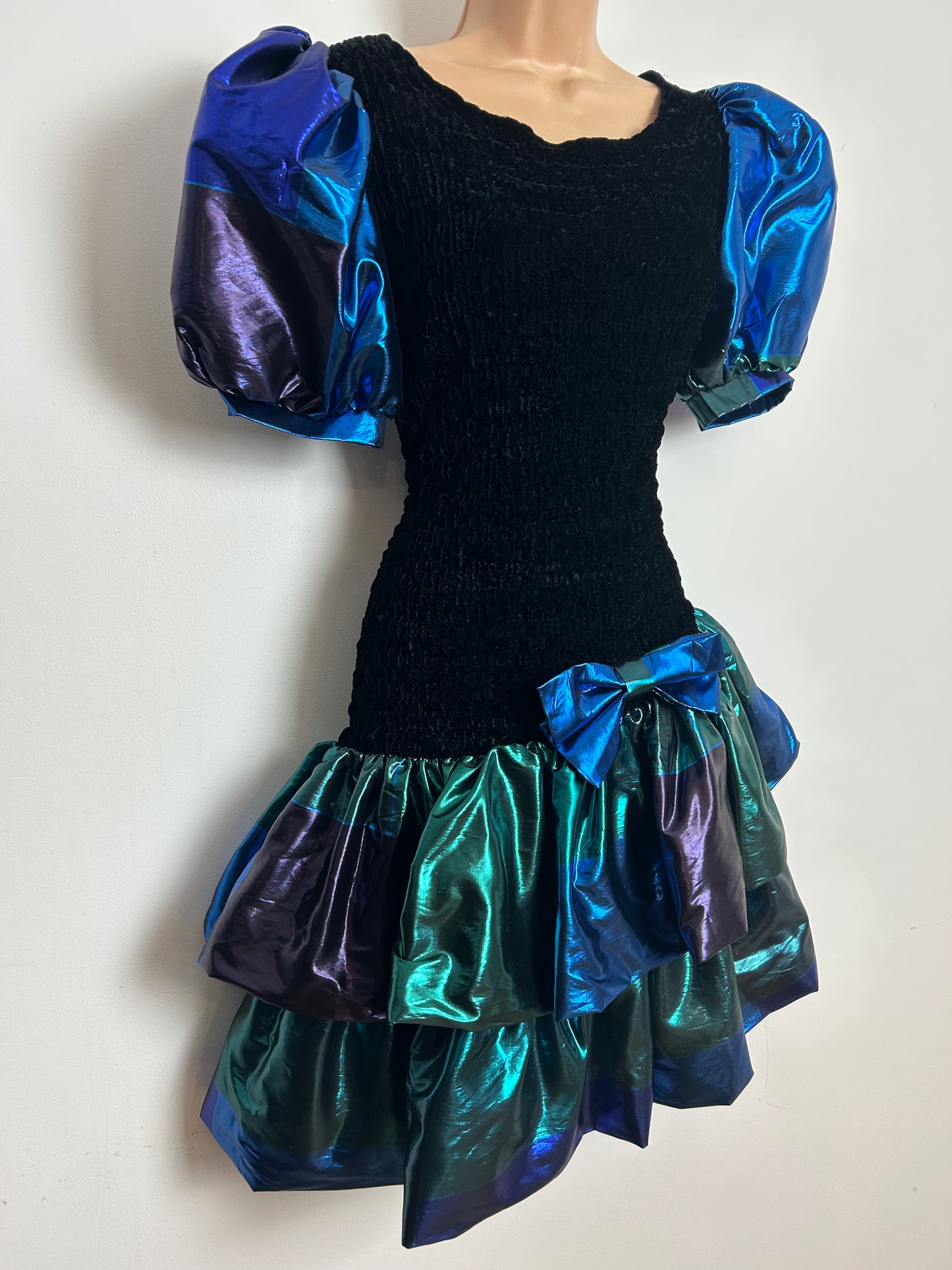 Vintage 1980s CHOU CHOU Size 10-12 Black Blue Green & Purple Velour & Taffeta Party Prom Dress