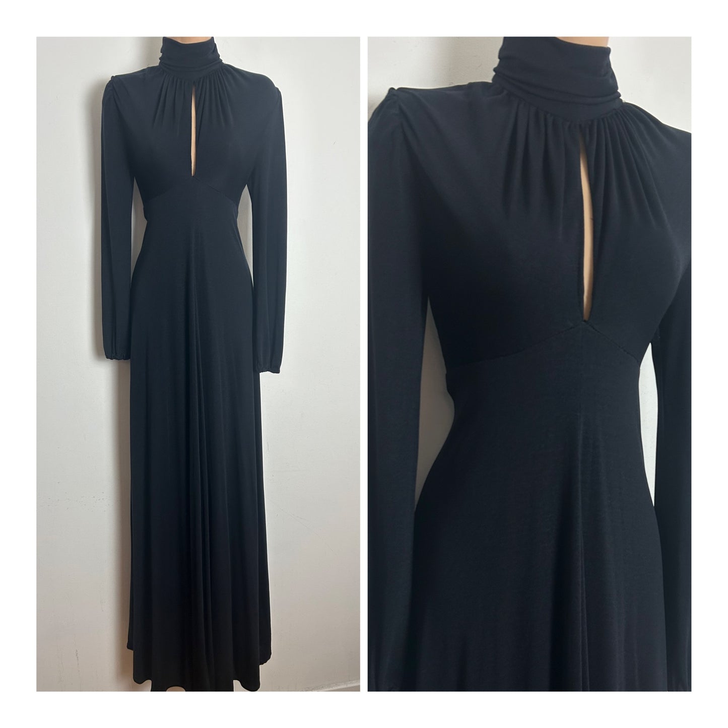 Vintage 1970s ZANIE Size 6-8 Black Long Sleeve Turtle Neck Keyhole Long Sleeve Maxi Dress